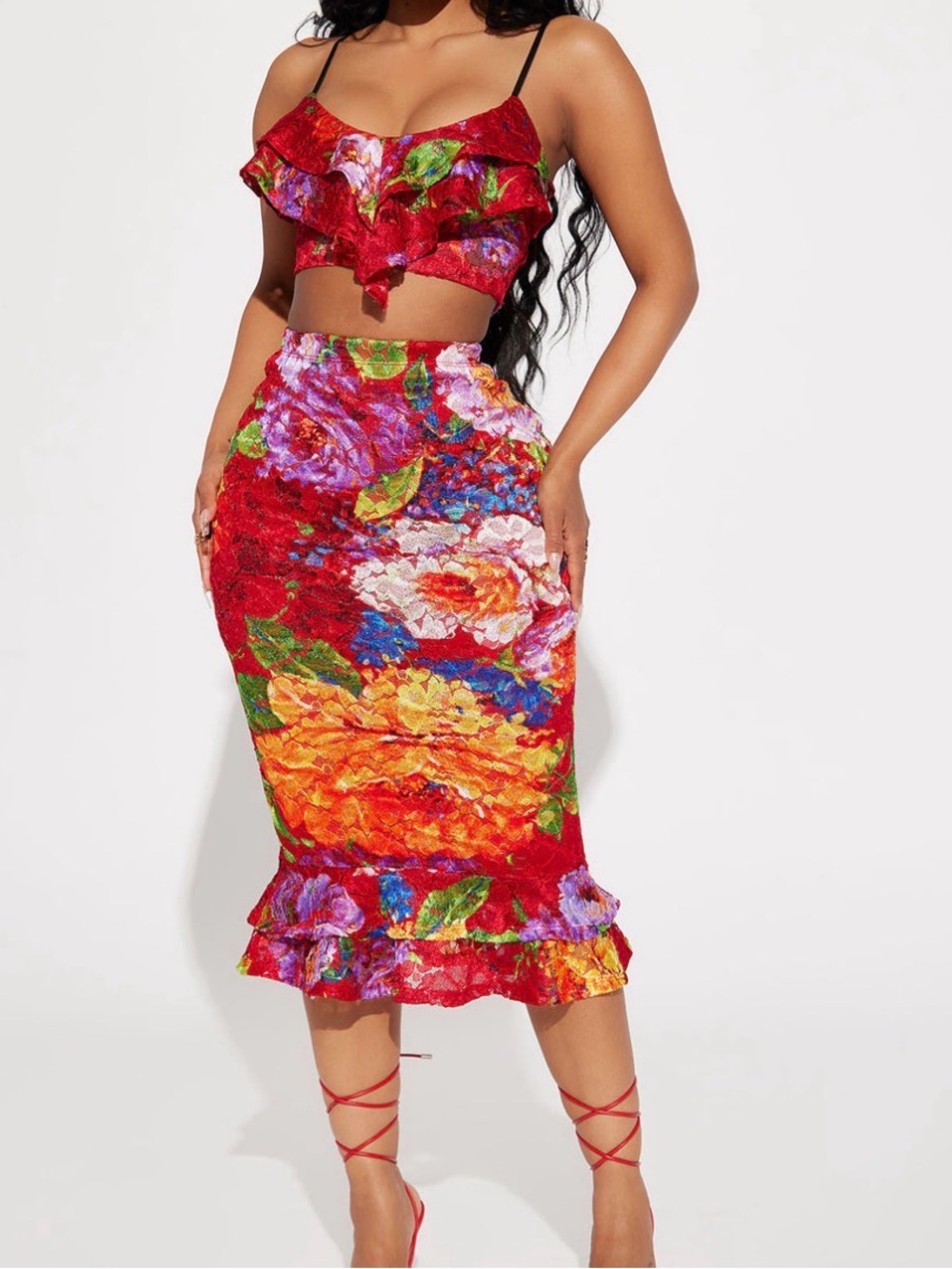 Floral Ruffled Midi Skirt in Vibrant Red